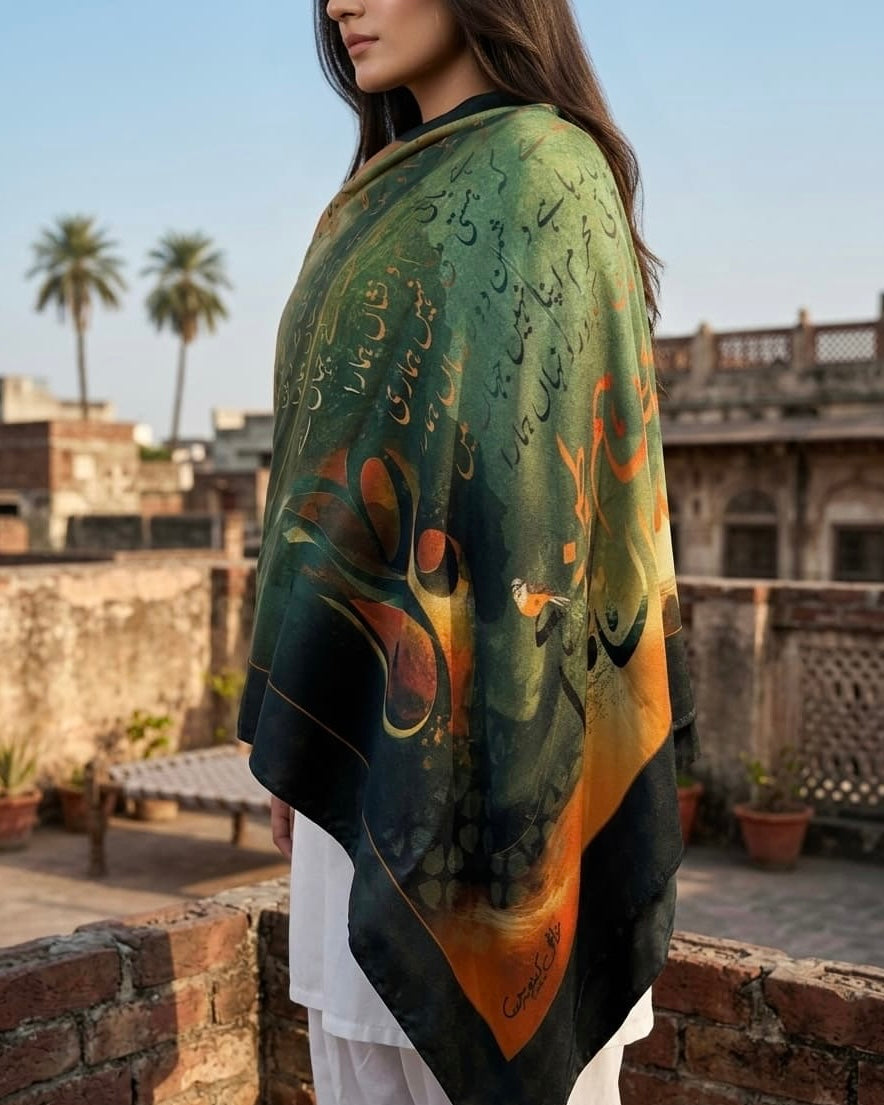 Side view of Saare Jahan Se Accha stole with green and orange Urdu calligraphy print by Khayal Canvas

