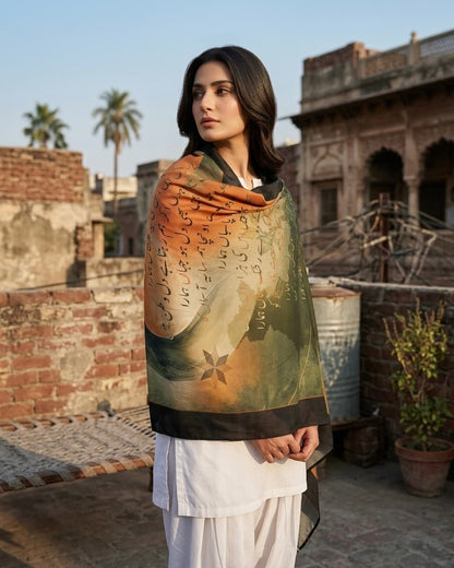 Saare Jahan Se Accha Modal Satin stole draped as dupatta with Urdu calligraphy print by Khayal Canvas

