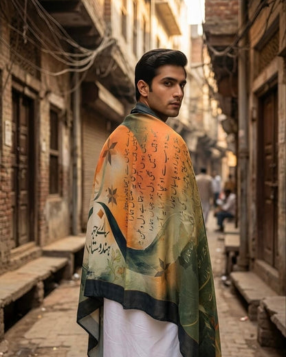 Man wearing Saare Jahan Se Accha Urdu poetry stole in old city street by Khayal Canvas