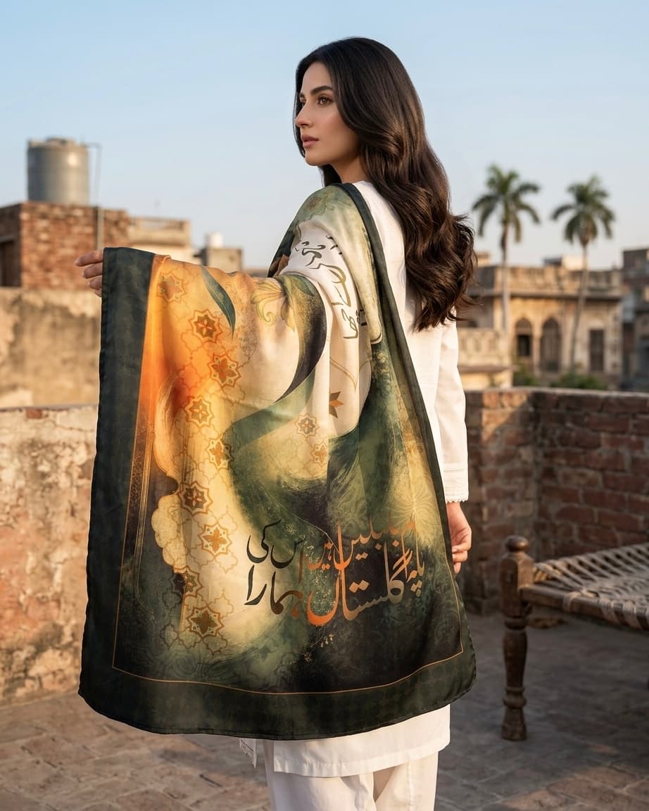 Woman wearing Saare Jahan Se Accha stole draped over shoulders with Urdu poetry and floral motifs

