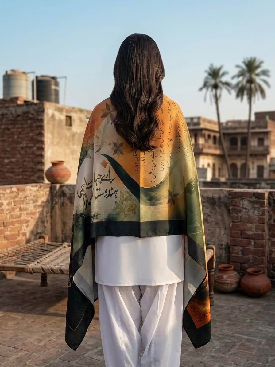 Back view of woman wearing Saare Jahan Se Accha Urdu poetry stole with tricolour design by Khayal Canvas

