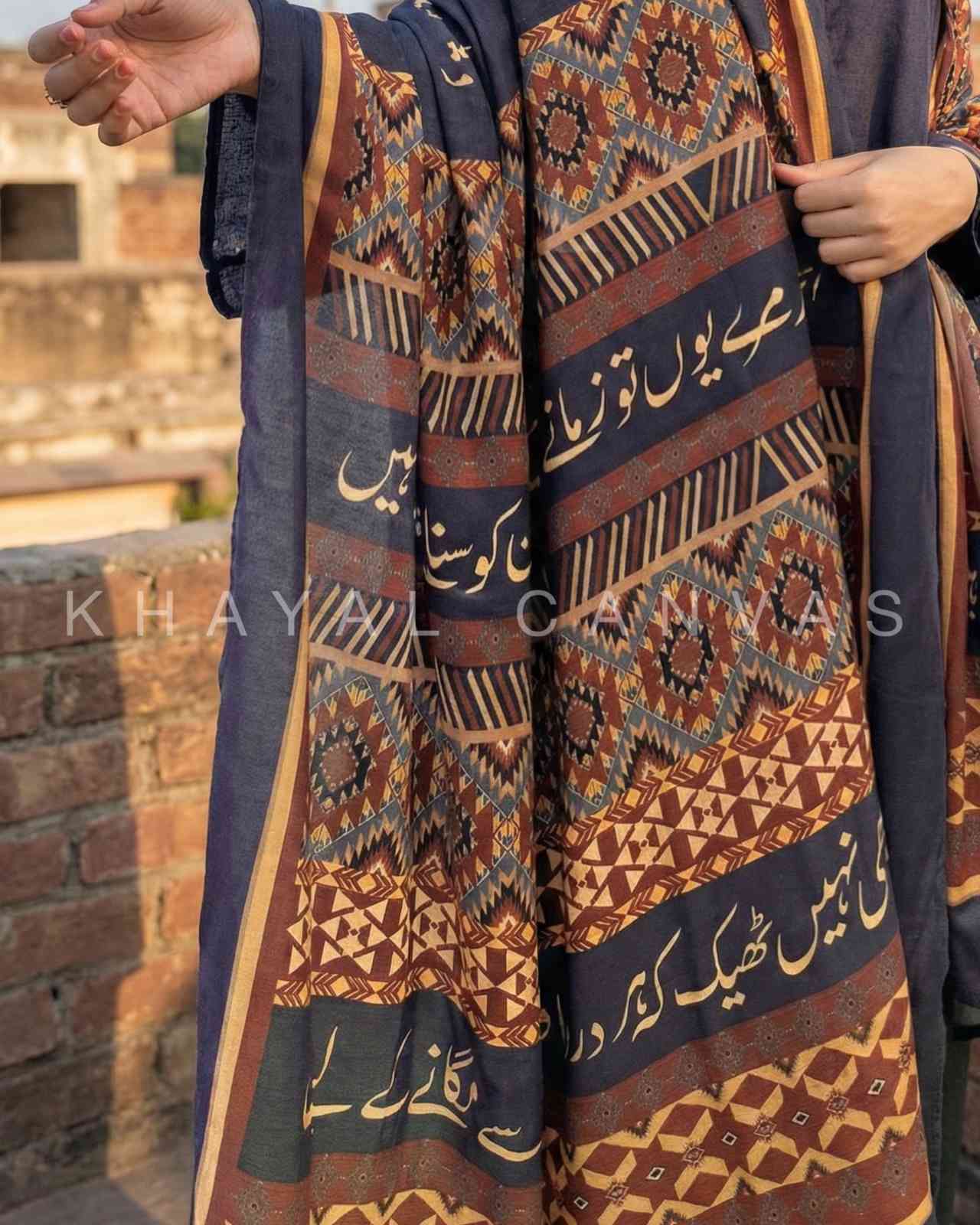 Lafz-e-Tamanna blue odhni – front view – Khayal Canvas"